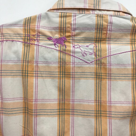 Bit & Bridle Plaid Snap Front Western Horse Embroidered Shirt Orange Pink Large - Picture 8 of 8